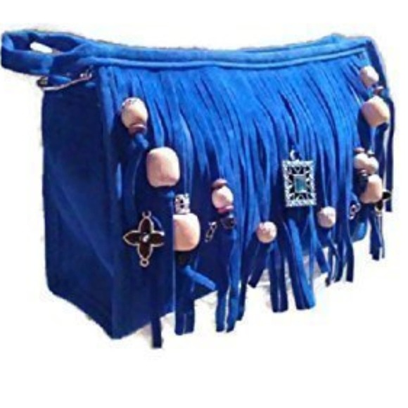 Fringed CROSSBODY BLUE Purse Clutch w Chain Charm Enamel Flower Charm - Picture 9 of 13